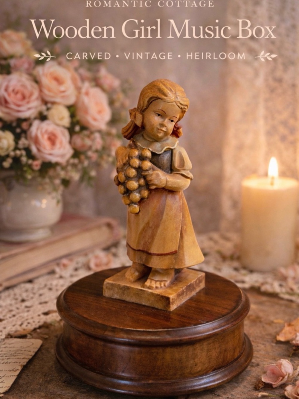 Vintage Carved Wooden Girl Music Box Figurine Cottagecore Decor Heritage